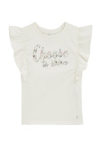 Balta trumpa rankovėmis marškinėliai su raukšlėmis ir užrašu "Pasirink švyti" gėlių dizainu. Minkšta medžiaga, klasikinis apvalus kaklo iškirpimas.