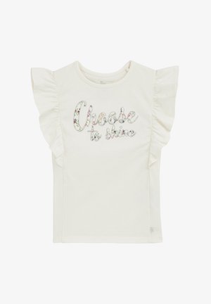 Tricou alb cu maneci scurte, cu detalii din volane și imprimeu cu mesajul "Alege să strălucești" într-un design floral. Material moale, gât clasic de tip crew.