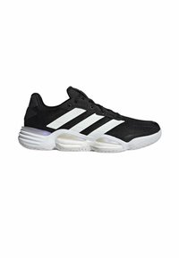 Black athletic shoes with a mesh upper, white three-stripe design, cushioned sole, and a rounded toe for support and comfort.