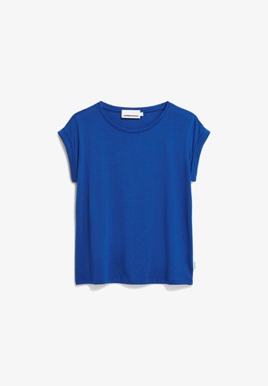 Blauwe T-shirt met korte mouwen van lichte stof. Heeft een ronde halslijn en omgerolde mouwrandjes. Eenvoudig, effen kleurontwerp.