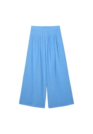 High-waisted wide-leg blue pants with pleats at the waistband, made of lightweight textured fabric.
