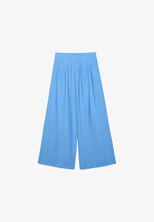High-waisted wide-leg blue pants with pleats at the waistband, made of lightweight textured fabric.