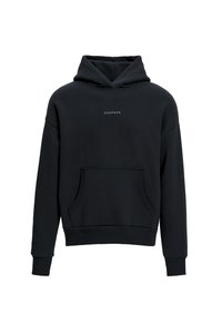 Musta huppari, joka on valmistettu pehmeästä kankaasta. Siinä on kengurupocket, ribbikuvioidut hihansuut ja helma sekä pieni logo rinnassa.