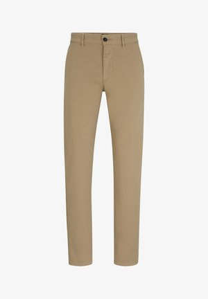 Beige cotton chinos with a straight leg, featuring a front button closure and side pockets. Smooth texture and classic design.