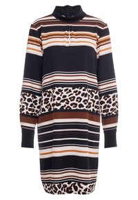 Striped dress with a high collar, featuring shades of black, brown, and white, and a leopard print panel at the bottom. Long sleeves.