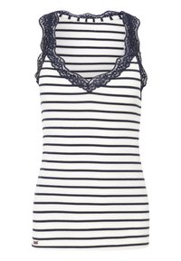 Paski top bez rękawów w kolorze białym i granatowym z koronkowym wykończeniem wzdłuż dekoltu i ramion. Miękka tkanina o dopasowanym kroju.