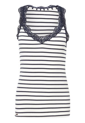 Randig linne i vitt och marinblått med spetsdetaljer längs kragen och axlarna. Mjukt tyg med en åtsittande silhuett.