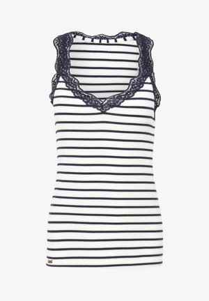 Top de tirantes a rayas en blanco y marino con detalles de encaje en el escote y los hombros. Tejido suave con una silueta ajustada.