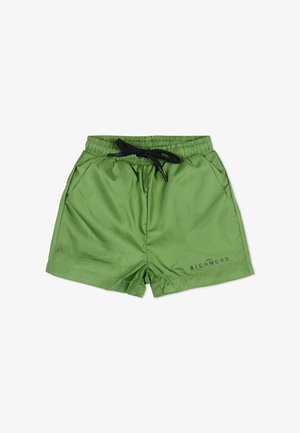 Short de bain pour hommes vert avec taille élastique, cordon de serrage noir, poches latérales et logo "John Richmond" sur la jambe avant gauche.