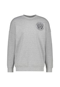 Felpa grigia con colletto rotondo, spalle scese e polsini a costine. Presenta un logo blu navy con un motivo tennistico sul petto.