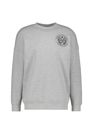 Grijze sweatshirt met een ronde hals, verlaagde schouders en geribbelde manchetten. Bevat een marineblauw logo met een tennismotief op de borst.