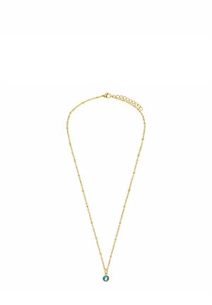 Gold chain necklace with a delicate link design, featuring a small round turquoise pendant at the center. Adjustable length with clasp closure.