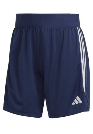 Pantaloni sportivi blu navy realizzati in tessuto liscio, con vita elasticizzata, tre strisce bianche sui lati e un logo ricamato.