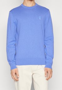 Pull en coton bleu avec col rond, poignets et ourlet côtelés, avec une petite étiquette sur le côté gauche de la poitrine. Texture lisse, coupe ajustée.