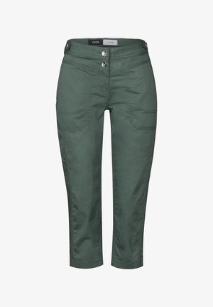 Grüne Baumwollhosen mit geradem Schnitt, zwei vorderen Taschen und zwei seitlichen Taschen. Mit zwei Knöpfen am Bund und genähten Details.