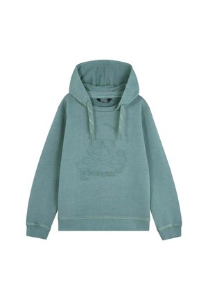 Sudadera con capucha verde que presenta un logotipo bordado de calavera y huesos, hecha de una tela suave con puños y dobladillo acanalados.