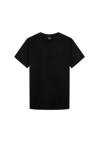 Czarna bawełniana koszulka z krótkim rękawem, okrągłym dekoltem i wytłoczonym napisem "HACKETT SPORT" z przodu. Gładka tekstura i prosty design.