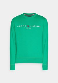 Zelená bavlněná mikina s potiskem "TOMMY HILFIGER EST. 1985" v bílé barvě, kulatý výstřih, žebrované manžety a lem, s nášivkou loga na rukávu.