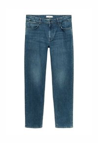 Jeans de mezclilla en azul oscuro, con un diseño de pierna recta, dos bolsillos delanteros, un bolsillo para monedas y un bolsillo trasero. Textura suave.