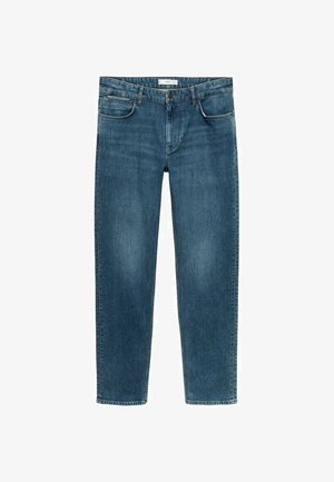 Jeans wykonane z ciemnoniebieskiego denimu, charakteryzujące się prostym krojem nogawki, dwoma przednimi kieszeniami, kieszenią na monety oraz jedną tylną kieszenią. Gładka tekstura.