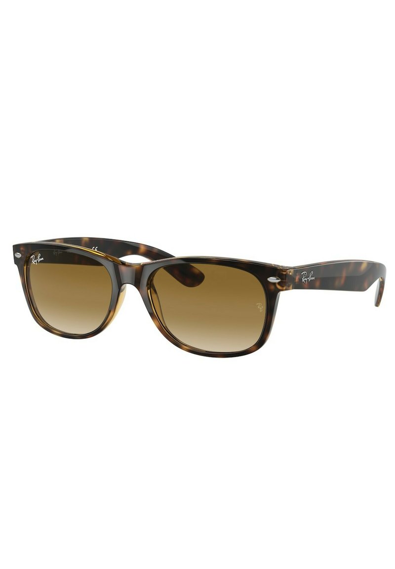 Occhiali da sole Ray-Ban con montatura tartarugata, lenti marroni sfumate e superficie liscia. Presentano il logo iconico sulle aste.