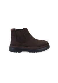 Bottines en daim marron avec des panneaux en mesh sur les côtés. Semelle épaisse en caoutchouc noir avec un profil texturé. Couture contrastante le long des bords.