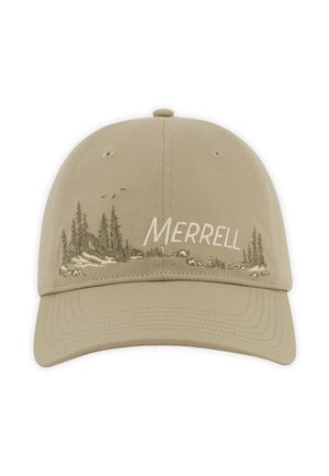 Beige baseballkasket med broderede fyrretræer, fugle, sten og ordet "MERRELL" på frontpanelet.