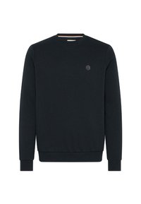 Sudadera negra con cuello redondo. Presenta puños y ribete en relieve, tejido texturizado y un pequeño logo en el pecho.