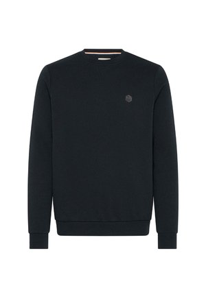 Sudadera negra con cuello redondo. Presenta puños y ribete en relieve, tejido texturizado y un pequeño logo en el pecho.