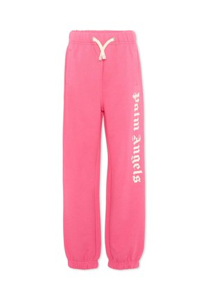 Pantaloni della tuta rosa con coulisse bianca, polsini elastici, tasche laterali e scritta bianca "Palm Angels" stampata verticalmente sulla gamba sinistra.