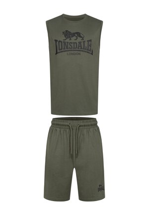 Olive green sleeveless top and shorts set, featuring a black lion graphic and brand text. Soft cotton material with an elastic waist.