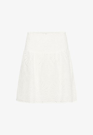 Balta sijonas su elastinga juostele, puošiamas siuvinėtais gėlėmis ir aklųjų išpjovomis. Audinys yra lengvas ir tekstūruotas.