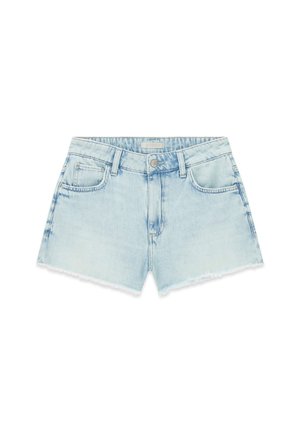 Short en denim bleu clair avec ourlets effilochés, bouton et fermeture éclair à l'avant, passants pour ceinture et style cinq poches.