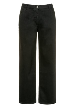 Pantalons larges noirs en tissu coton. Comprend une fermeture à bouton à l'avant, des passants de ceinture et des poches des deux côtés.