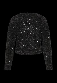 Haut court à manches longues noir couvert de sequins noirs brillants sur un fond noir.
