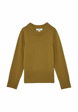 Maglione a coste giallo senape con scollatura rotonda e polsini a coste. Design semplice, maniche lunghe e orlo dritto. Texture morbida.