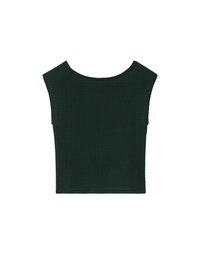 Haut court sans manches en velours vert foncé, avec un large décolleté et un ourlet droit, présenté à plat sur fond blanc.