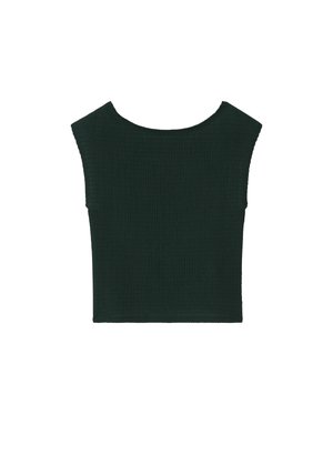 Haut court sans manches en velours vert foncé, avec un large décolleté et un ourlet droit, présenté à plat sur fond blanc.