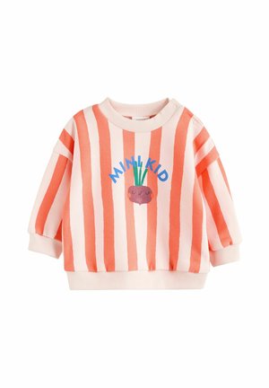 Jasnoróżowy sweatshirt z pomarańczowymi pionowymi paskami, ribbed dekoltem w kształcie łódki oraz grafiką uśmiechającej się roślinki z napisem "MINIKID".
