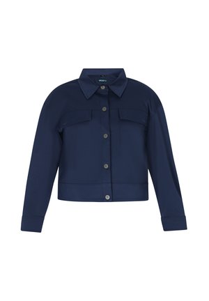 Marineblauwe cropped jas met lange mouwen, knoopsluiting aan de voorkant, twee borstzakken met klep en een klassieke kraag.