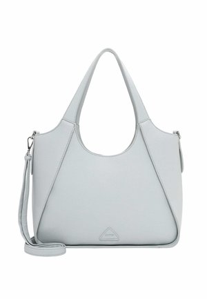 Helehall nahast käekott kahe pealmise sangaga, eemaldatava õlakinnitusega ja minimalistliku kolmnurga kujulise logoga esiküljel.