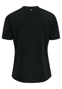 Kort sort T-shirt med korte ærmer og rund halsudskæring. Har et glat, ensfarvet stof med minimale sømme og et logo på ryggen.