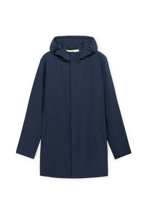 Marineblauwe regenjas met capuchon, lange mouwen, ritssluiting aan de voorkant verborgen onder een flap, verstelbare trekkoorden aan de capuchon en zijzakken.