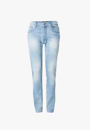 Helleblaue Skinny Jeans aus Denim mit einer ausgewaschenen Optik, ausgestattet mit einem Knopfverschluss, fünf Taschen und einer taillierten Passform.