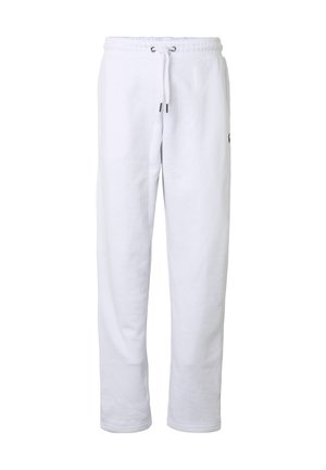 Valged dressipüksid elastse vöökohaga, paelaga ning sirgete säärtega, on esitatud ühevärvilisel valgel taustal.