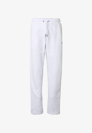 White sweatpants with elastic waistband, drawstring, and straight legs, displayed on a plain white background.
