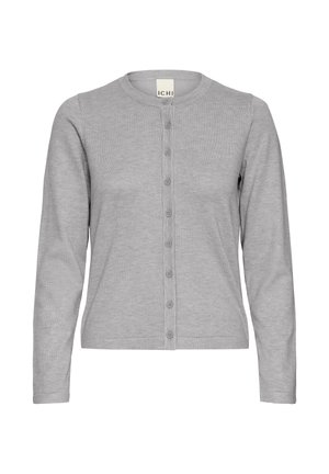 Cárdigan de manga larga gris hecho de tela suave, con escote redondo y cierre frontal con seis botones.