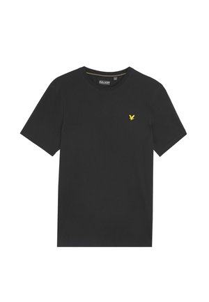 Sort T-shirt med korte ærmer lavet af bomuld, med rund hals og et lille gult ørne-logo på venstre bryst. Blød tekstur.
