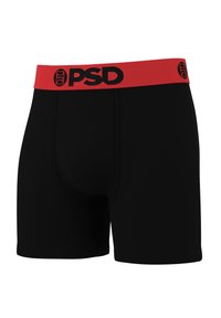 Boxer neri con fascia in vita rossa con il logo "PSD" in nero. Il tessuto appare liscio con un design aderente.