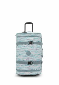 Rolling suitcase with a pale blue background and white leaf-pattern, featuring a retractable black handle and grey straps for securing contents.